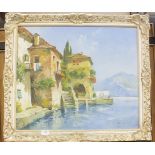 20th century Continental School, 'Lakeside Villa', indistinctly-signed oil on canvas, 50 x 60cm, H