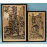 •Eugene Riboulet RUA (1883-1972), 'Rue St Jean, Lyon 1904', wood block engraving heightened with