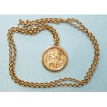 A 9ct gold St Christopher pendant, on 9ct gold belcher-link neck chain.