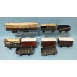 Leeds Model Company O Gauge, four Bakelite wagons, (boxed), four wood and tinplate wagons, (one