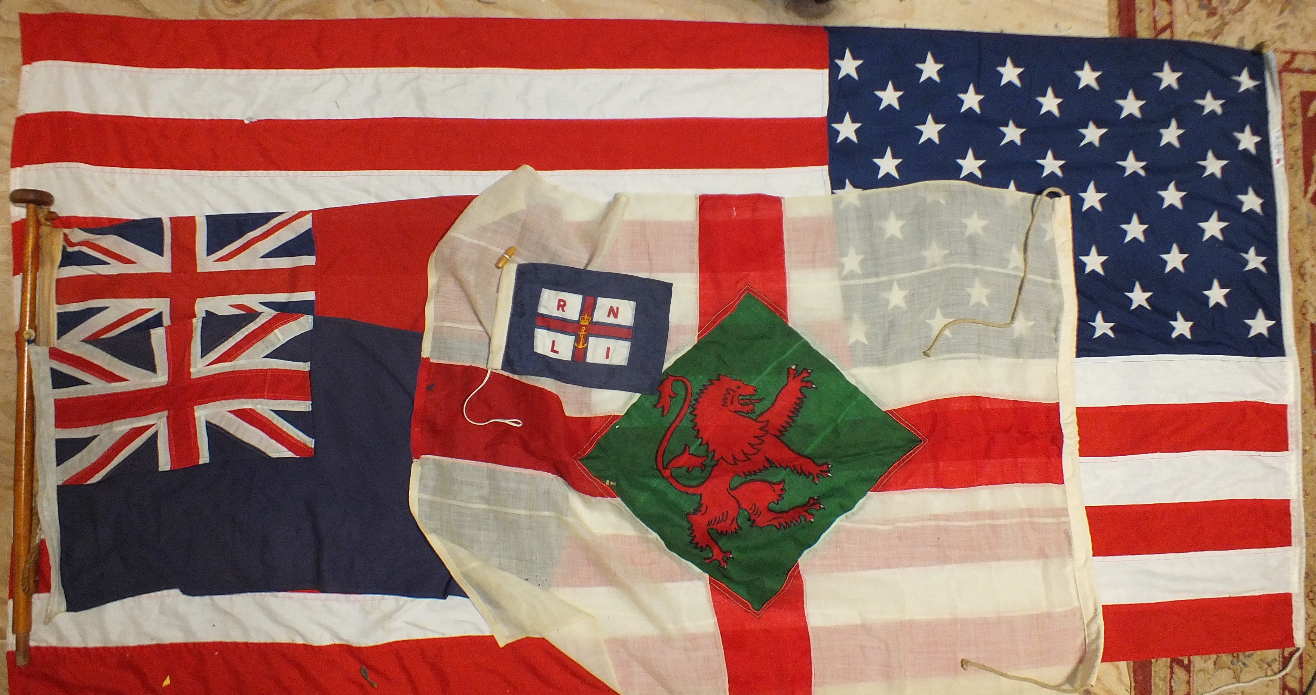 Flags: US Stars and Stripes, stitched, 288 x 109cm, Welsh dragon, 120 x 90cm, red ensign on short