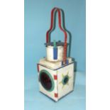 A vintage British Rail painted tail signal lamp with red bullseye lens and burner, 53cm high.