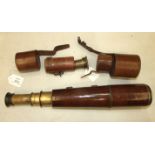 W Watson & Sons Ltd, London, a three-draw brass telescope with leather grips, lens covers and