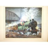 A collection of five watercolour illustrations of railway engines, original railway calendar