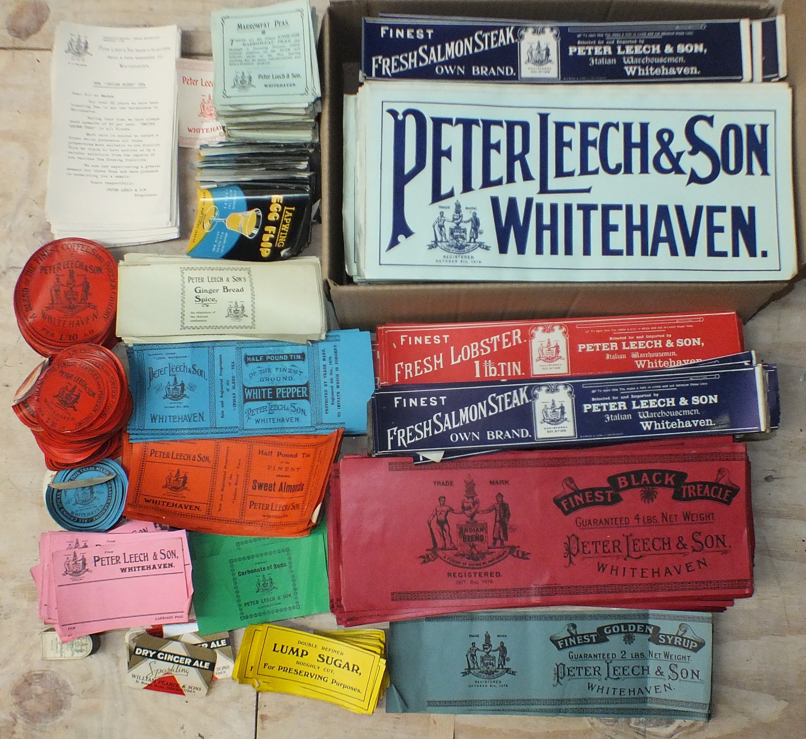 A large quantity of grocery labels, mainly for Peter Leech & Son, Italian Warehousemen, Whitehaven.