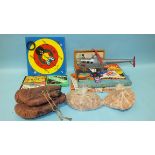 A pair of child's leather boxing gloves, a Tudor Rose Helicopter, various brick construction kits,