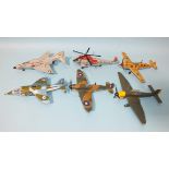 Dinky Toys, unboxed aircraft: 719 Spitfire Mk II, 721 Junkers JU87B and four others, (6).