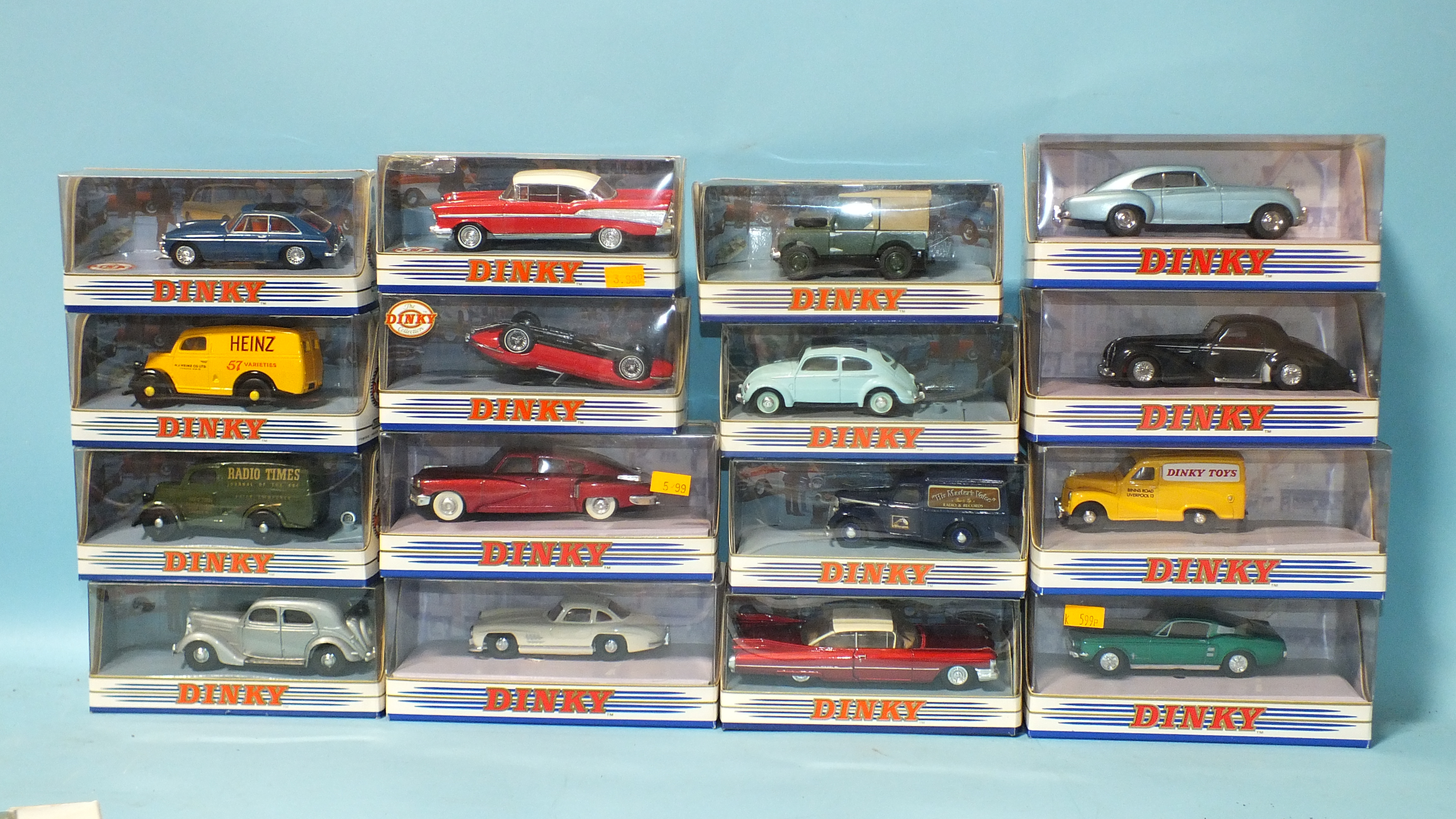 Matchbox Dinky: sixteen boxed cars DY1 - DY4 (2), DY5 - DY9, DY11 - DY16, (16).