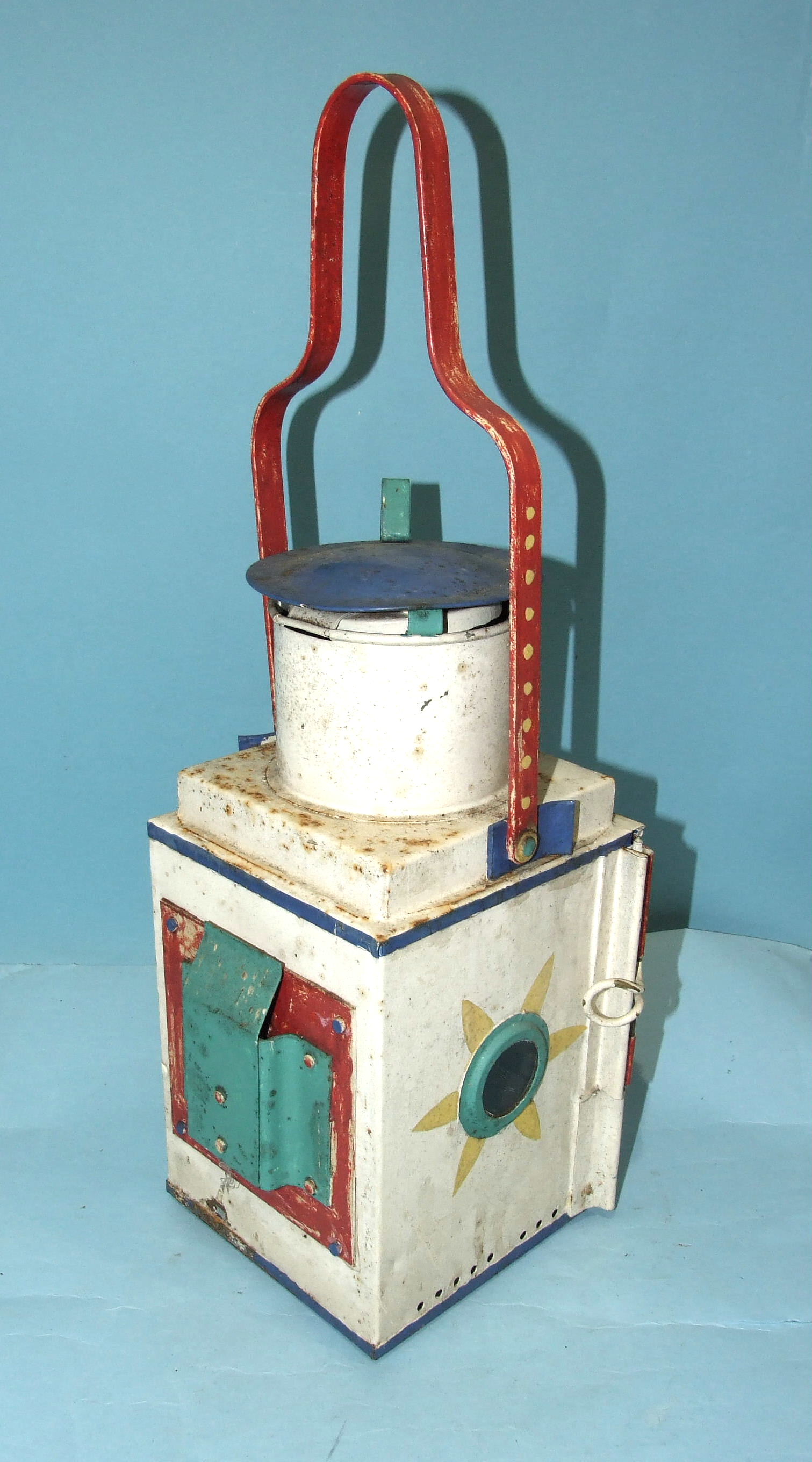 A vintage British Rail painted tail signal lamp with red bullseye lens and burner, 53cm high. - Image 2 of 2