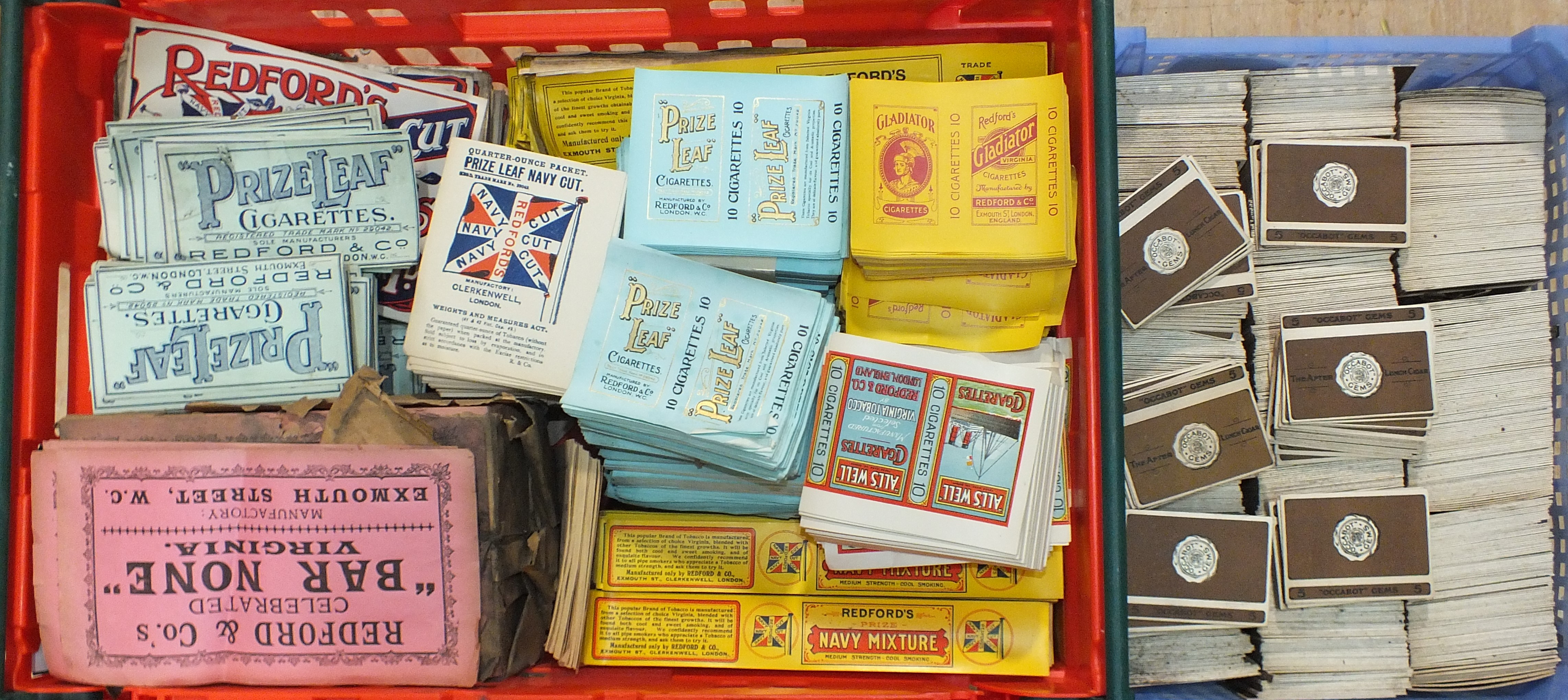 A collection of Redfords cigarette and tobacco labels and packets including brand names: Alls