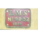 An LMS painted bronze cabside number plate "LMS No. 9802 1939", 14x, 18.5cm.