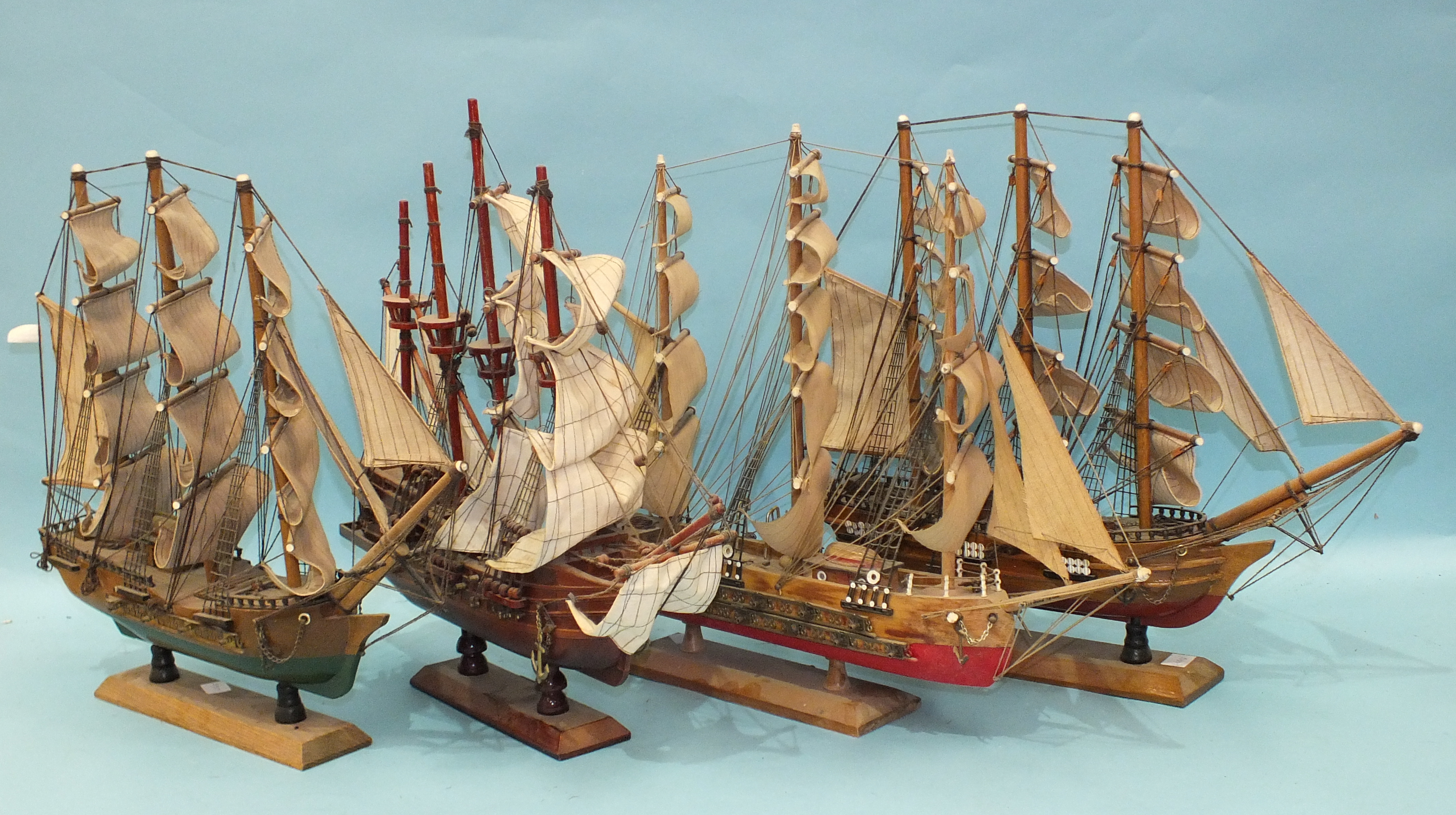 Four modern solid-hull ship models, "Fragata Siglo XVIII", "HMS Bounty" x 2 and a Spanish