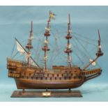 A plank-constructed model of a 17th century four-masted galleon, "Wasa", on wood base, 72cm high,
