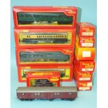 Triang OO Gauge, six coaches, a crane truck, container wagon, two vans and a tender, all boxed and