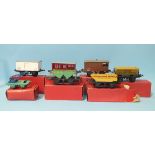 Hornby O Gauge, boxed post-war rolling stock: goods brake van, hopper wagon, No. 1 Milk Traffic Van,