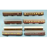 Hornby OO Gauge and Dublo, seven unboxed coaches and one Trix coach, (8).