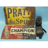 A lithographed metal sign Dependable Champion Spark Plug Service, 33 x 58cm, an enamelled Pratt's