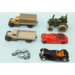 Dinky post-war 25 Series, covered wagon (fawn) and wagon (grey), Sunbeam Talbot (a/f) and three