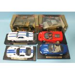 Burago 1/18 Gold Collection: two boxed sports cars: Porsche 911 and Dodge Viper and four unboxed
