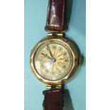 A lady's 9ct-gold-cased wrist watch, (working), on leather strap, 16g.