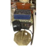 A pair of Zenith 7x50 binoculars in case, a modern brass sun dial, various plated and metal ware and