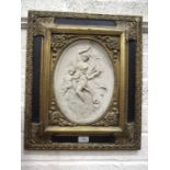 A reconstituted marble plaque of a female figure holding a lyre and attended by a putto, verso bears