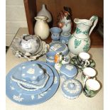 A collection of various late-20th century ceramics, including Wedgwood blue and white jasperware,