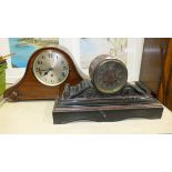 A Victorian two-colour marble mantel clock with French bell-striking drum movement, (a/f), 25cm