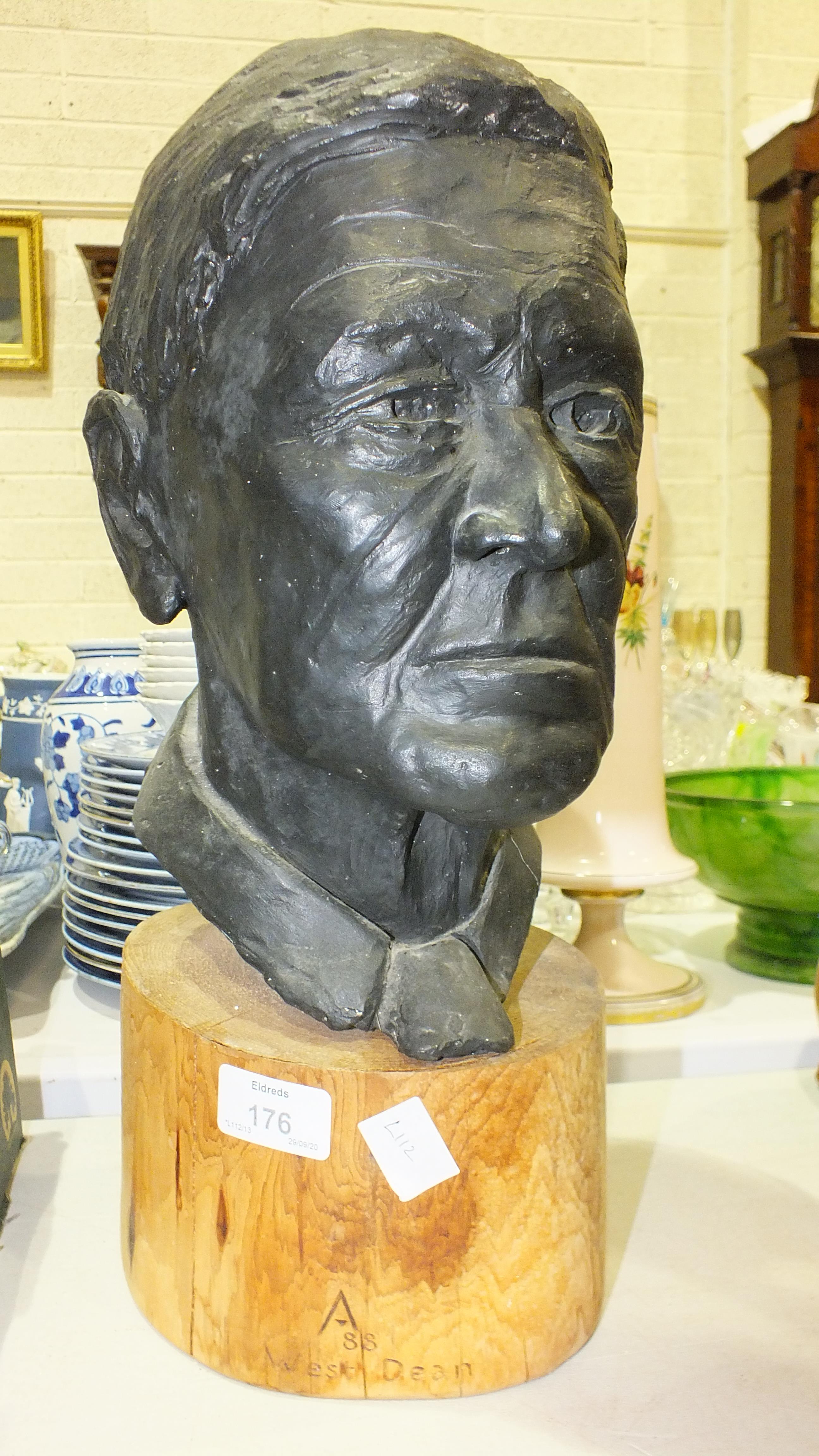 A concrete sculpture bust of a gentleman, the wood base signed West Dean 88, impressed sculptor's - Image 3 of 3