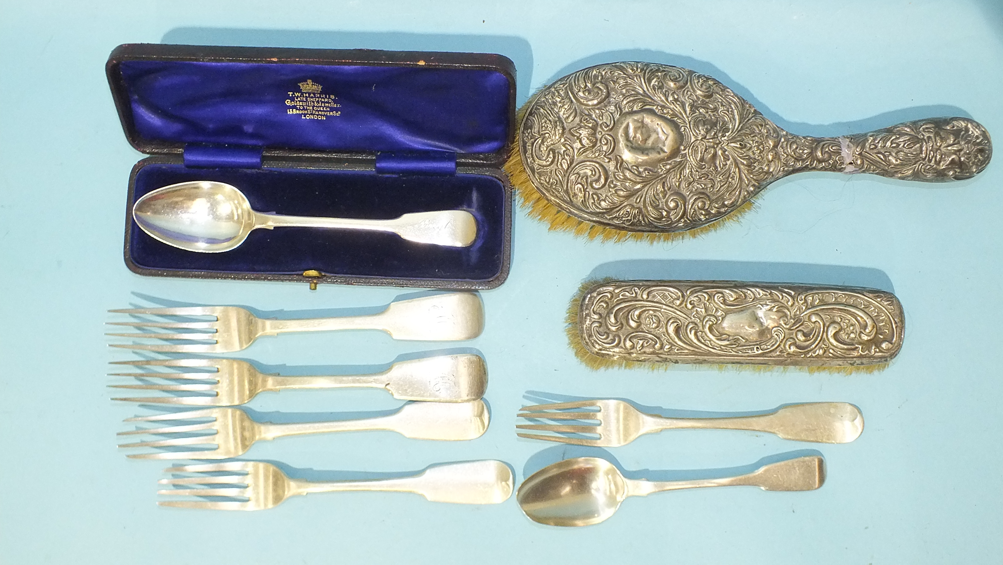 A pair of George III silver table forks, Exeter 1831, maker GT, three Georgian silver table forks,