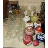 A collection of various modern glassware and ceramics, including a decanter, a jug, ginger jars,