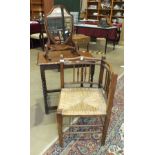A stained wood rush-seated corner chair, an oak occasional table and other items.