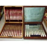 Two cased sets of twelve each mother-of-pearl-handled dessert knives and forks and other plated