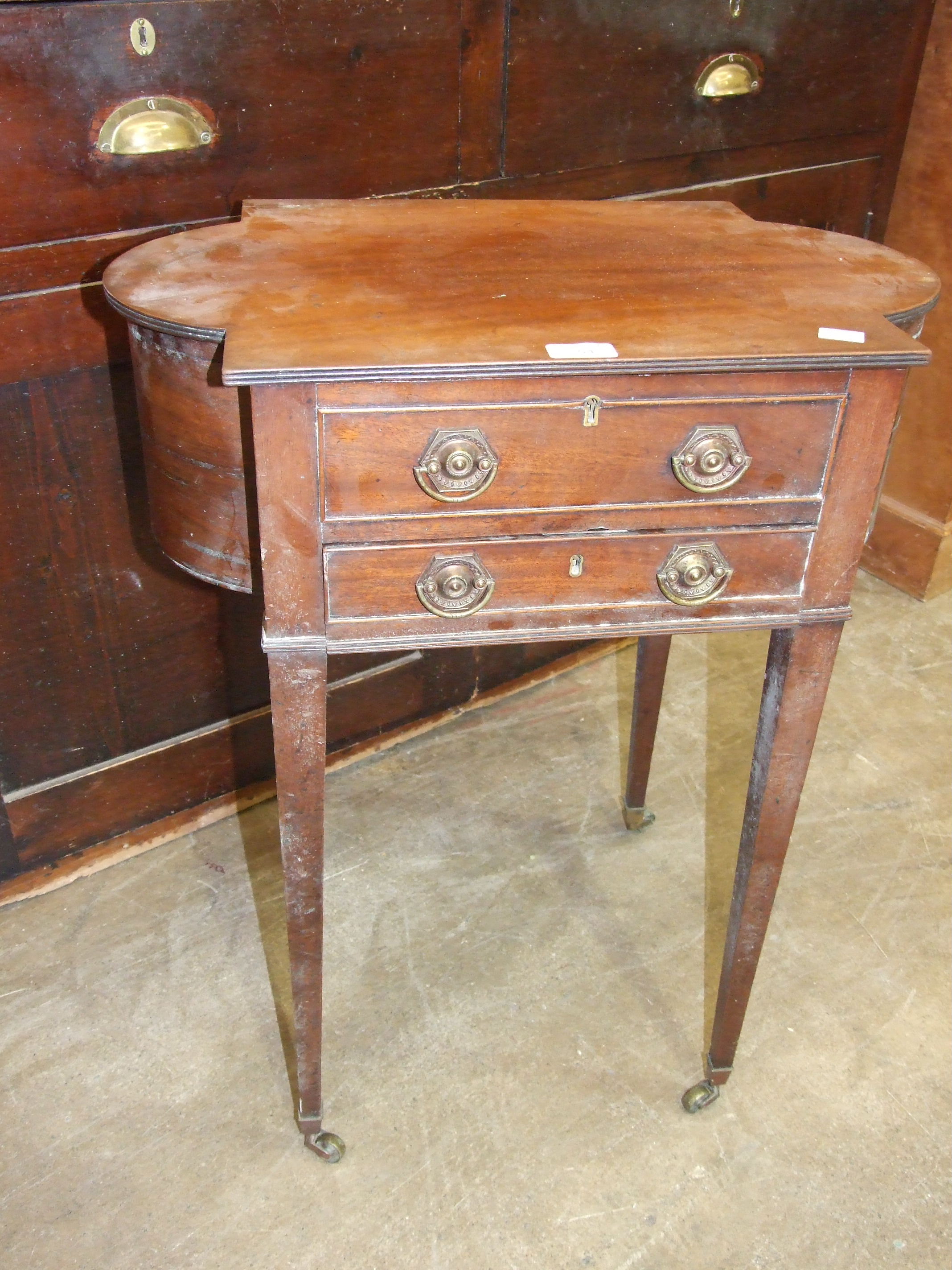 A Victorian pitch pine chest of three drawers, 36cm wide and a mahogany sewing table, (a/f), (2). - Image 2 of 2