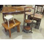 A pair of modern teak coffee tables, 54 x 36cm max, a nest of three stained wood tables and other