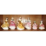 A collection of six Royal Doulton figurines: 'Cissie' HN1809, 'Bo-Peep' HN1811, 'Ballad Seller'