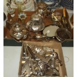 A plated epergne with four Vaseline glass spills, three plated teapots, cutlery and other plated