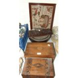 A stained wood work box, 30.5cm wide, one other, a wooden bowl with metal liner, a Victorian wool-