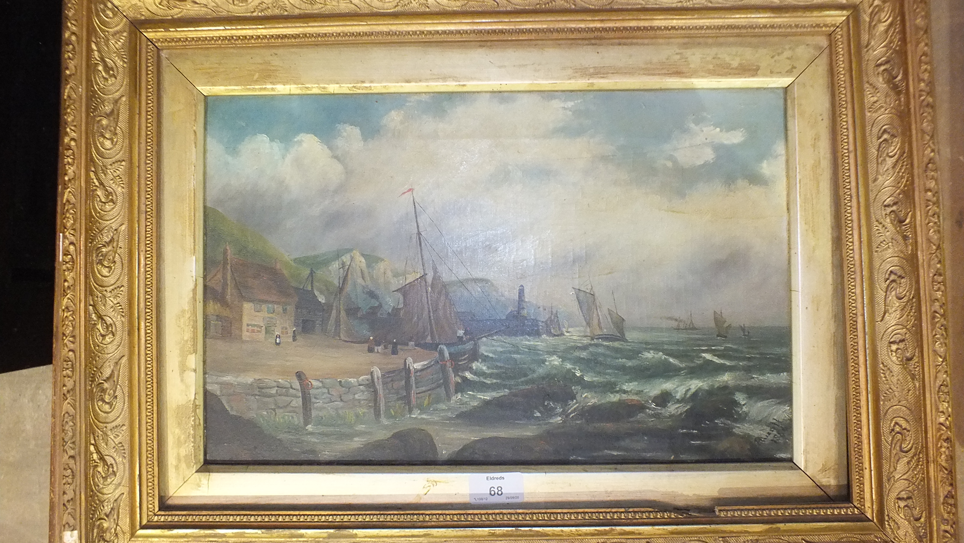 M Russell, 'Coastal scene with vessels', oil on canvas, signed and dated 1886, 26 x 42cm and a