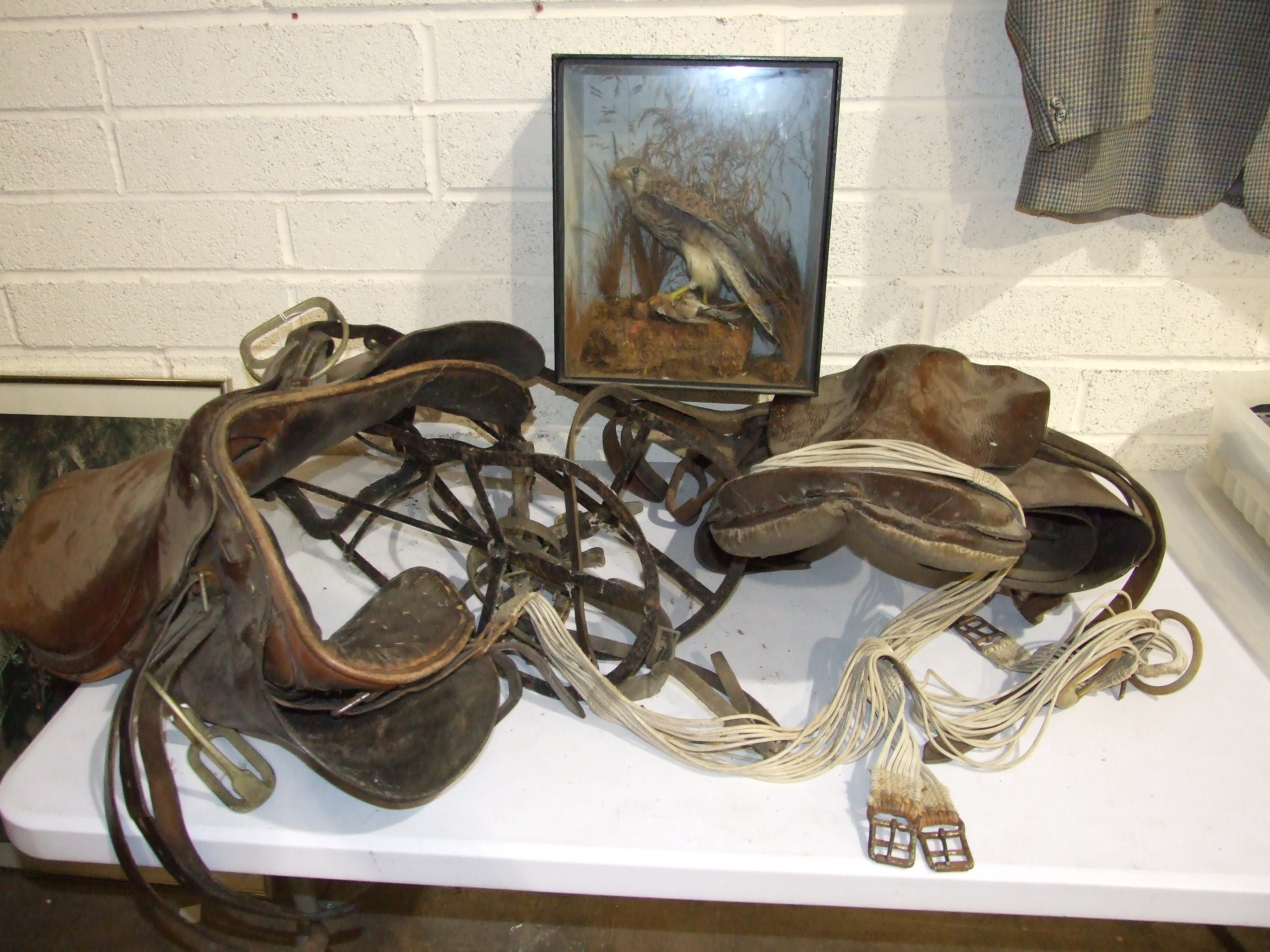 Two leather saddles, two metal saddle racks and other items.