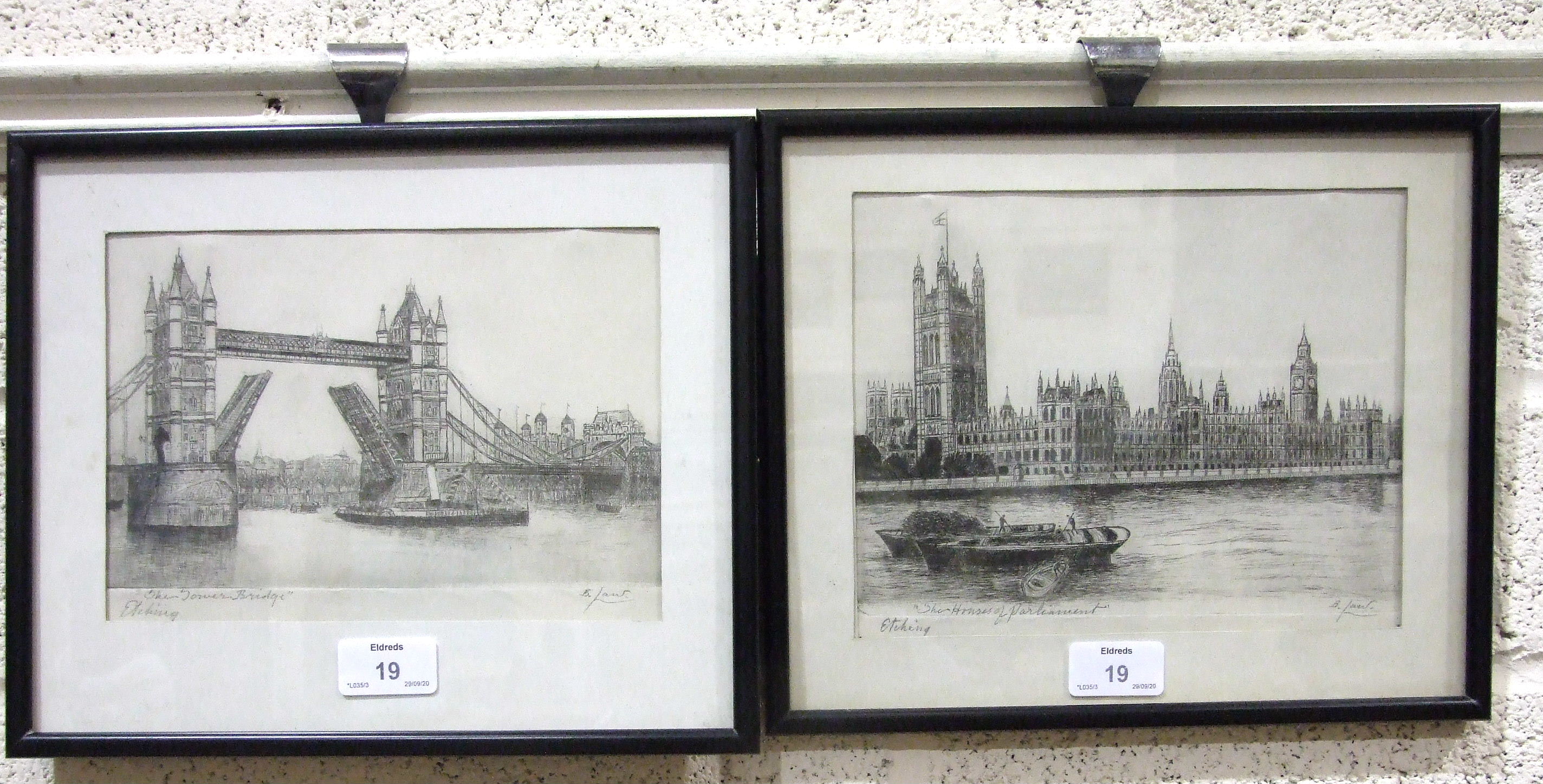 After B Law, 'The Houses of Parliament', a signed and titled etching, 17 x 21.5cm and a companion '