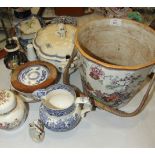 A Masons Ironstone pail, 25.5cm high, 26cm diameter, a one-quart blue and white decorated jug and