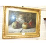 P C West, 'Still Life, apples and storage jar', a signed oil on canvas, dated '14, 26 x 36cm and J