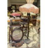 Two Oriental hardwood occasional tables, an oak trefoil plant stand, an Oriental lacquered