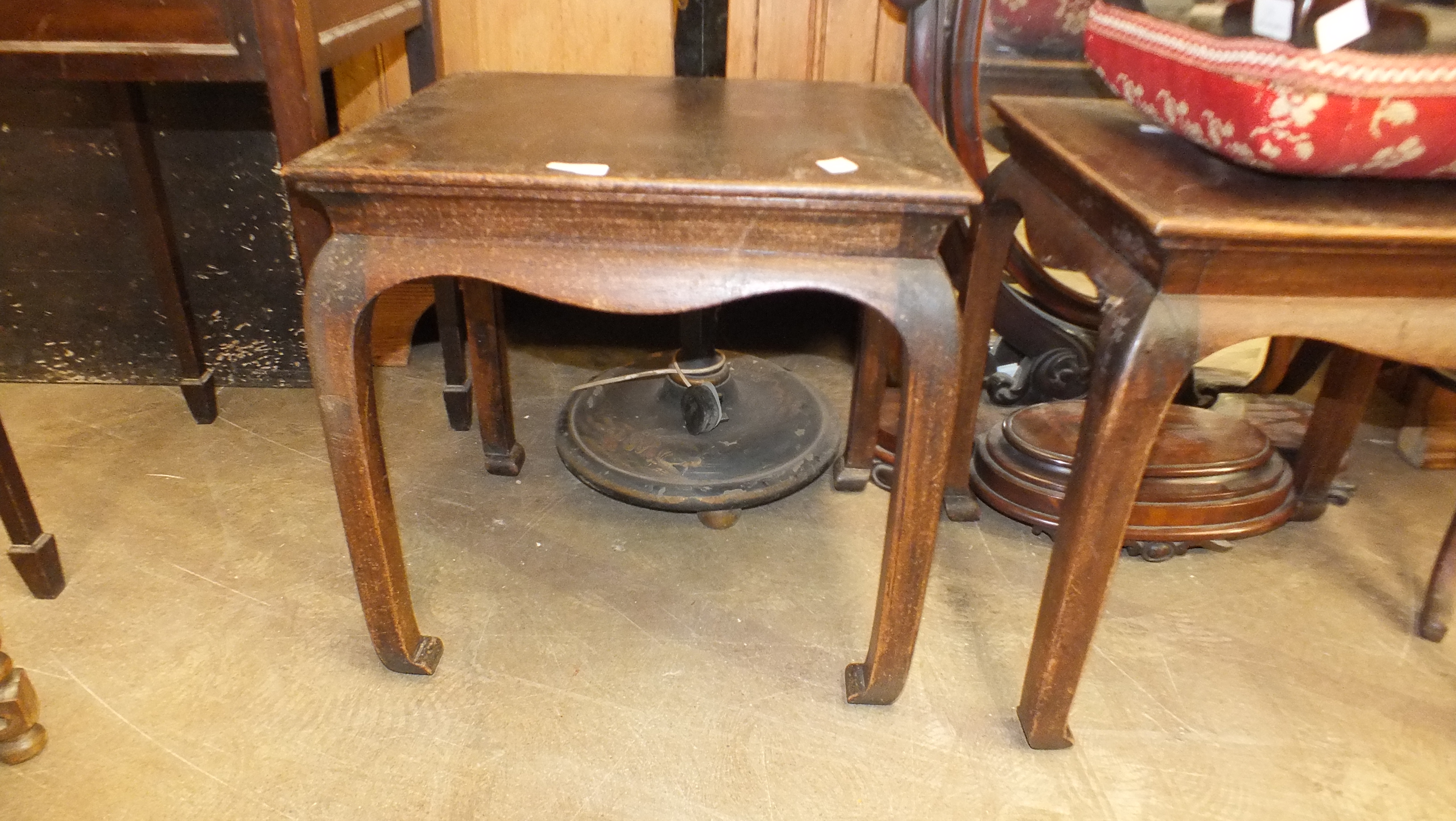 Two Oriental hardwood occasional tables, an oak trefoil plant stand, an Oriental lacquered - Image 3 of 6