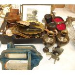 A collection of various copper, brass and metal ware, including brass trivet, trays, a pair of