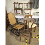 A bentwood rocking chair, two stained wood corner chairs and two Victorian dining chairs, (5).