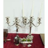 A pair of plated three-light candelabra, (a/f), 38cm high, a late-Victorian plated pen and ink stand