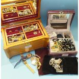 A modern wooden jewellery casket and a quantity of costume jewellery and watches, some in