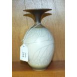 A David White studio pottery vase of ovoid form, with narrow neck and broad top, brown and cream